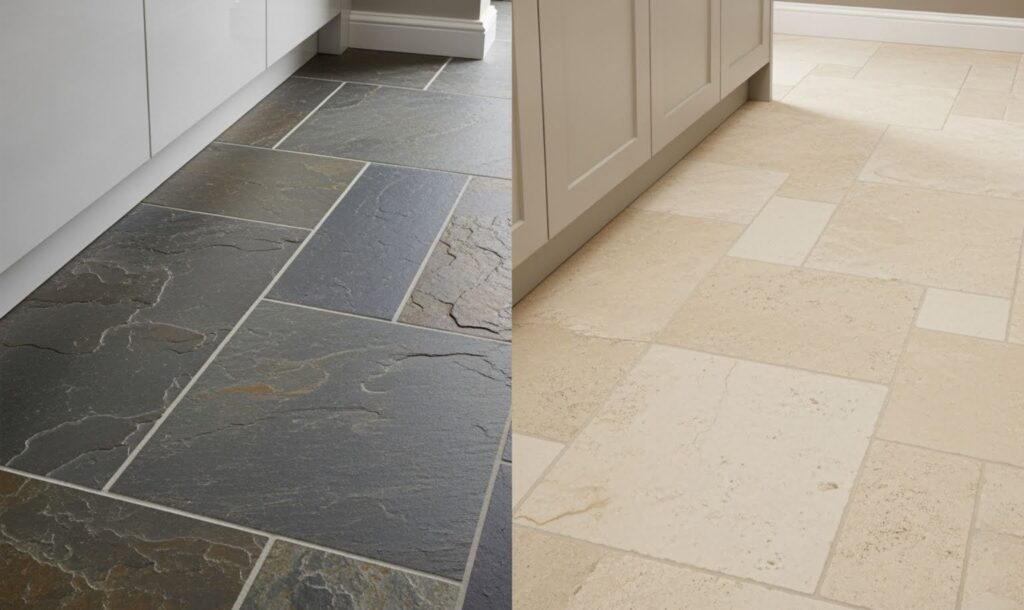 a split-screen showing a slate floor next to a stone-look porcelain tile floor - slate flooring for kitchen