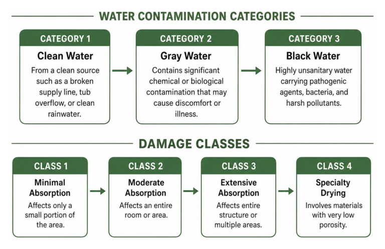 Diagram illustrating Categories 1 through 3 water contamination and Classes 1 through 4 damage levels