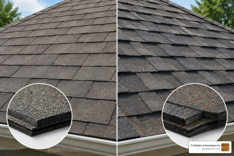 Cross section comparison between traditional three-tab shingles and laminated architectural shingles