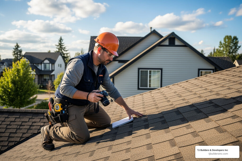 professional roof inspector on suburban residential roof - roof inspection near me
