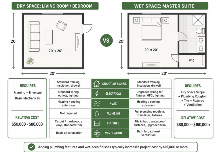 Comparison of dry living room vs wet master suite addition layout